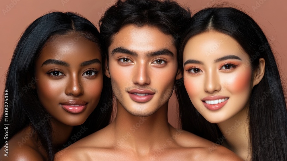 Three people with different skin tones are smiling for a photo Three people with different skin tones are smiling for a photo