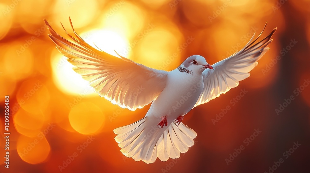 Dove in Flight with Golden Sunset Background Dove in Flight with Golden Sunset Background