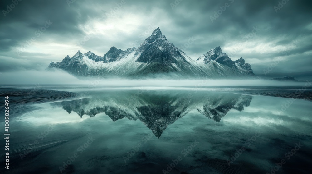 Snowy Mountains Mirrored in a Serene, Foggy Lake Snowy Mountains Mirrored in a Serene, Foggy Lake