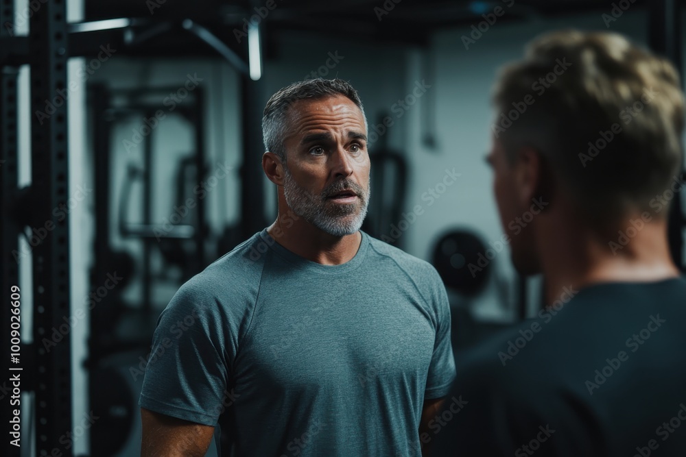 A determined and focused mature man with gray hair stands in a gym wearing a gray shirt, surrounded by exercise equipment, emphasizing physical fitness dedication. A determined and focused mature man with gray hair stands in a gym wearing a gray shirt, surrounded by exercise equipment, emphasizing physical fitness dedication.
