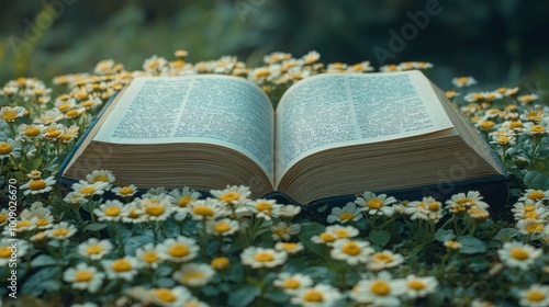 Open Book Surrounded by Daisies in a Meadow