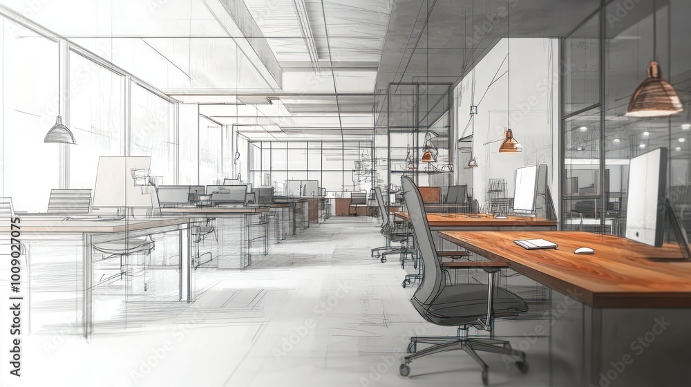 Modern Office Interior Design Sketch with a Wooden Desk and a Computer Monitor Modern Office Interior Design Sketch with a Wooden Desk and a Computer Monitor