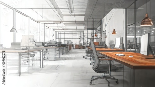 Modern Office Interior Design Sketch with a Wooden Desk and a Computer Monitor