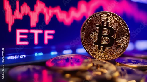 Bitcoin ETF Launch Symbolized by Close-Up of Bitcoin Coin with ETF Market Graph