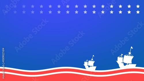 Dynamic patriotic background with classic sailing ships on a wavy red and white ocean, topped by a starry blue sky. Perfect for American-themed designs, historical events, or festive celebrations.
