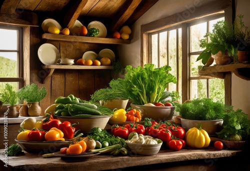 vibrant array farm fresh seasonal vegetables artfully arranged colorful plates capturing bounty, asparagus, bean, beet, bell, pepper, broccoli, cauliflower photo