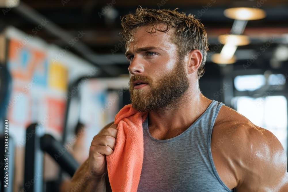 Obraz premium Muscular man with a beard holding a towel over shoulder, displaying determination in a brightly lit gym environment during a workout session.