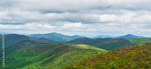 Obraz na plátně This vista from the north summit of Elk Knob is bathed in soft light, with the mountain peaks and a blanket of clouds creating a stunning view of the high country of North Carolina and Virginia