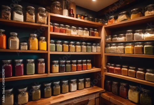 Wallpaper Mural vibrant stockpile organized pantry essentials featuring colorful neatly arranged diverse array labeled ingredients, organization, storage, containers Torontodigital.ca