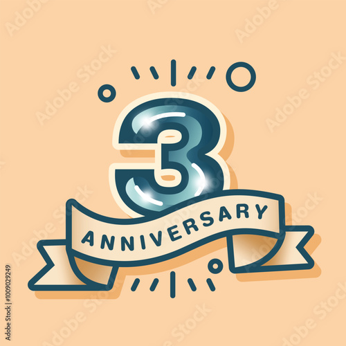 A 3rd anniversary logo on a cream-brown pastel background, designed in a flat style. The celebration features the number with a matching tone vector ribbon and simple background design elements.