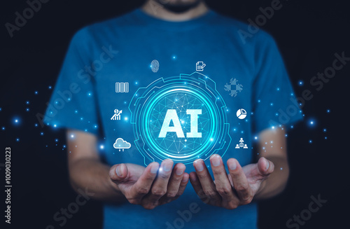 Obraz na płótnie Businessman use AI technology supports business scalability by streamlining processes and improving resource allocation. w salonie