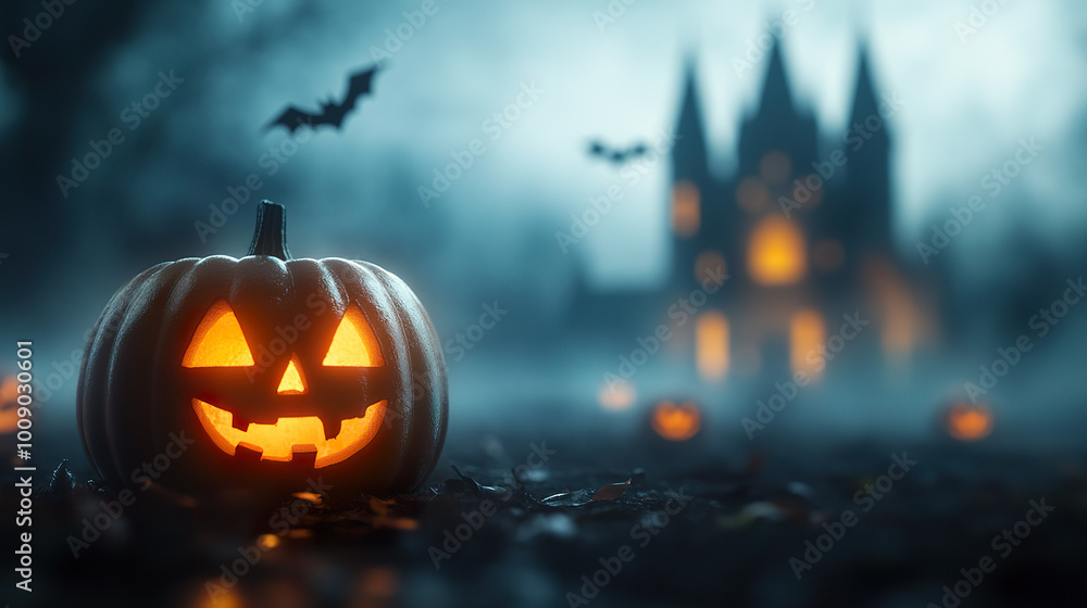 glowing jack o lantern sits on foggy path, with spooky castle in background. glowing jack o lantern sits on foggy path, with spooky castle in background.