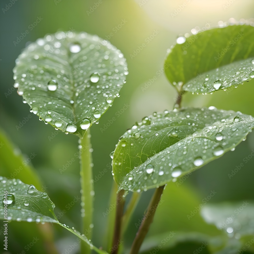A close-up view of water droplets on green leaves or plant stems, creating a beautiful, blurred, and ethereal appearance. Green leaf in nature, in the forest A close-up view of water droplets on green leaves or plant stems, creating a beautiful, blurred, and ethereal appearance. Green leaf in nature, in the forest