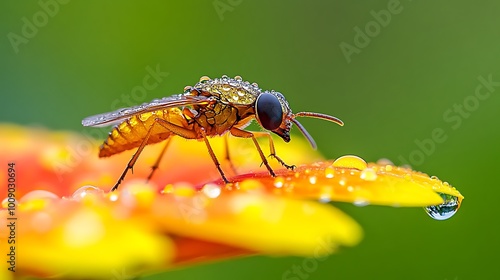 Close-up of a nectar-drinking insect on a vibrant flower, rain droplets delicately cling to petals, background softly blurred to emphasize subject photo