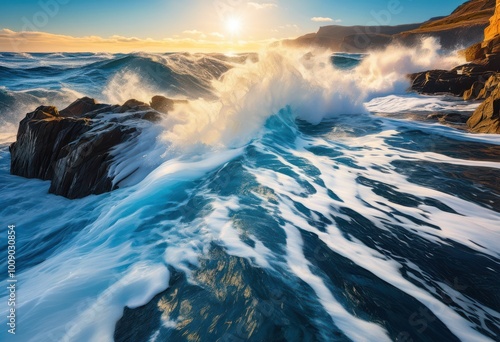 dynamic vibrant ocean waves crashing majestic rocky shoreline creating stunning natural scenery, beach, coastline, sea, water, blue, foam, coast photo