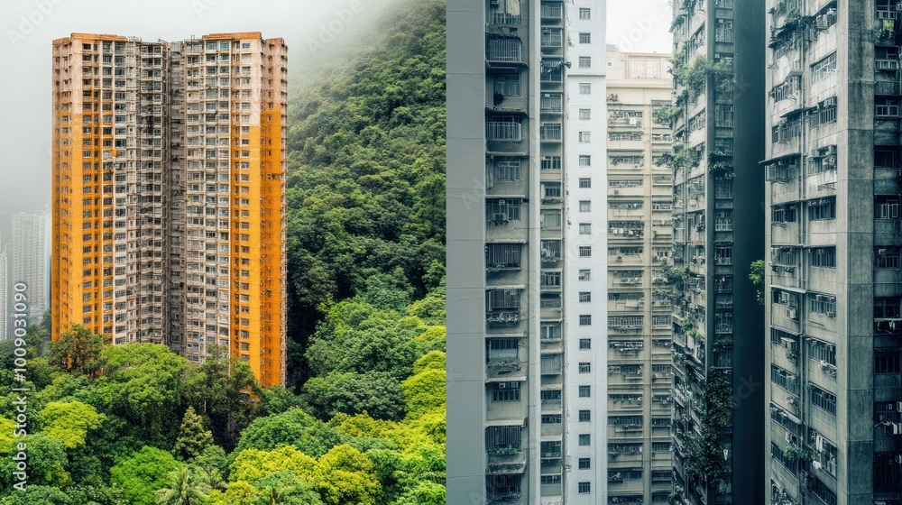 Apartment Buildings Surrounded by Greenery and Fog Apartment Buildings Surrounded by Greenery and Fog
