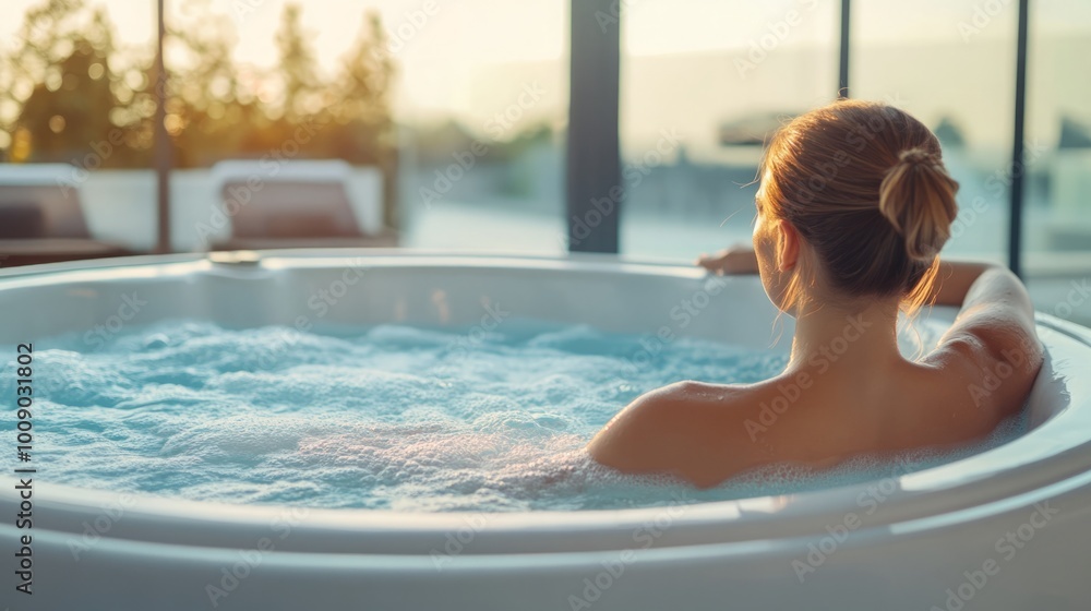 Woman In Jacuzzi Woman Relaxing in a Jacuzzi Enjoying a Spa Experience. A serene ...