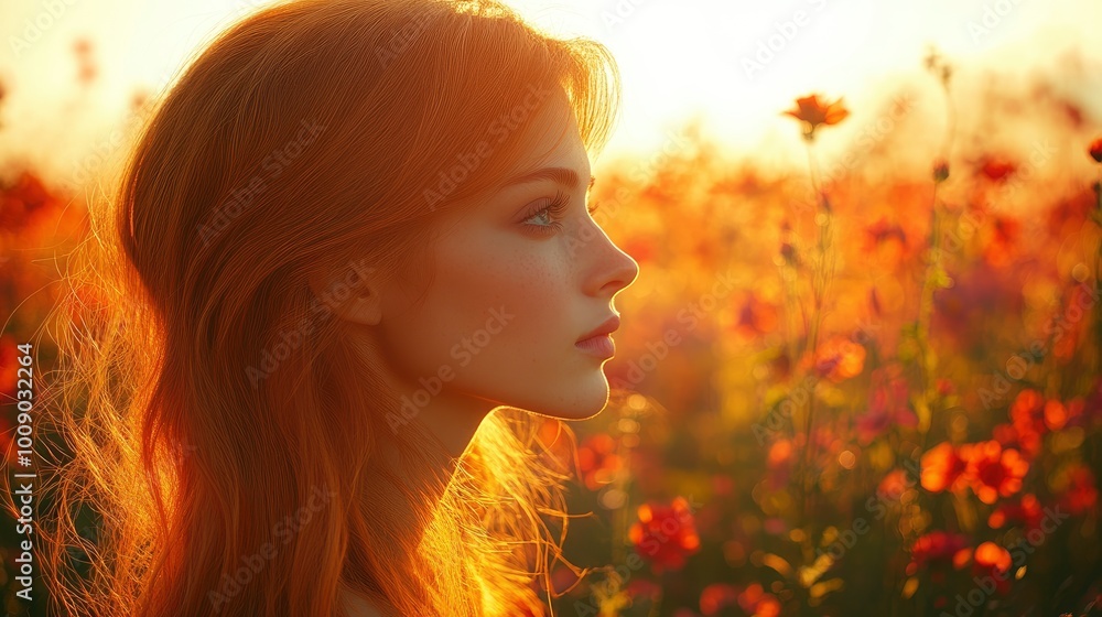 Woman with Red Hair in a Field of Flowers at Sunset Woman with Red Hair in a Field of Flowers at Sunset