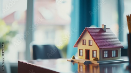 Real Estate Concept Featuring a Model House on Desk. A clear representation of the real estate industry, showcasing a detailed model house on a desk, symbolizing property management