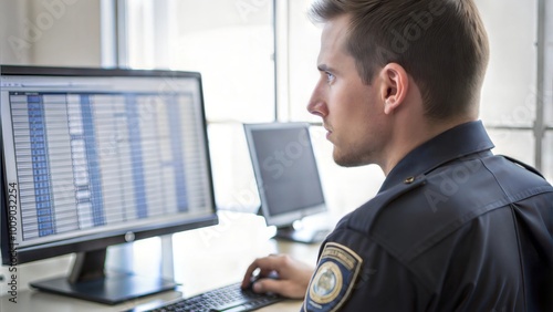 Police Officer Entering Suspect's Personal Data into Computer Database, Side View in Office, Law Enforcement Technology