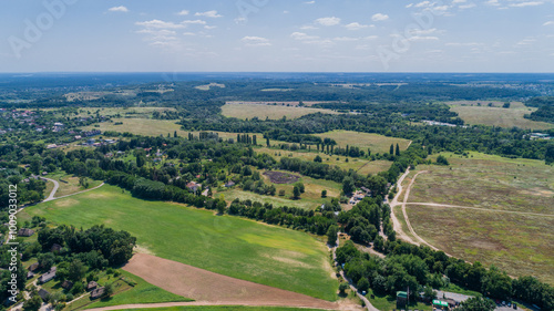 Drone aerial view summer nature landscape in sunny day, green trees forest, field