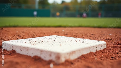 A close-up of home plate on a well-kept baseball diamond, featuring textured clay and a worn plate, with blurred players in a vibrant, sunlit outfield.