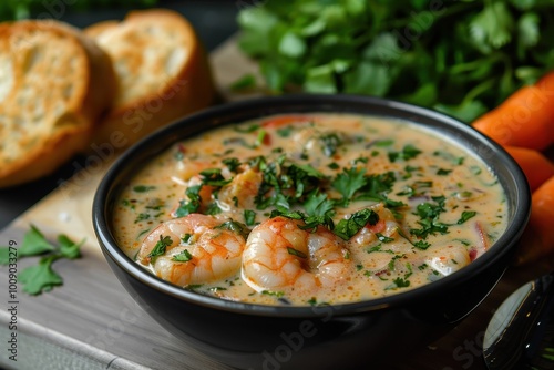 A bowl of vatap, a creamy dish made with bread, shrimp, coconut milk, and ground peanuts, garnished with cilantro