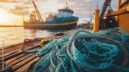 Colorful fishing boat at the harbor with fishing nets on the dock during sunset for marine photography
