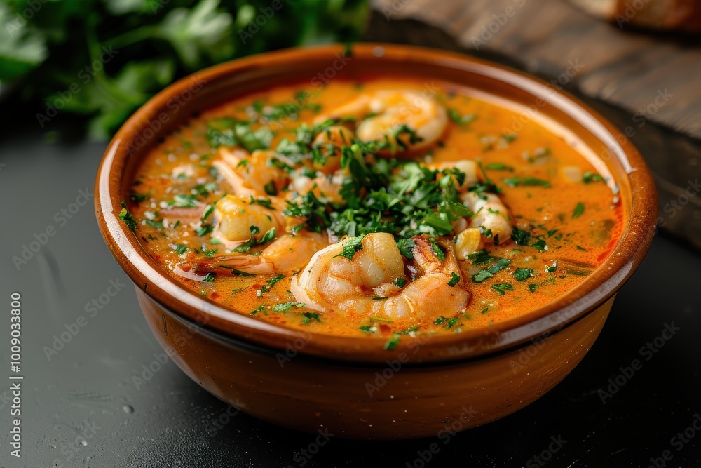 A bowl of vatap, a creamy dish made with bread, shrimp, coconut milk, and ground peanuts, garnished with cilantro A bowl of vatap, a creamy dish made with bread, shrimp, coconut milk, and ground peanuts, garnished with cilantro