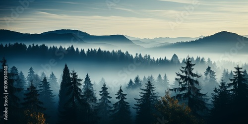 A Misty Morning in the Evergreen Forest, Where the Sunlight Bathes the Trees in a Soft Blue Glow