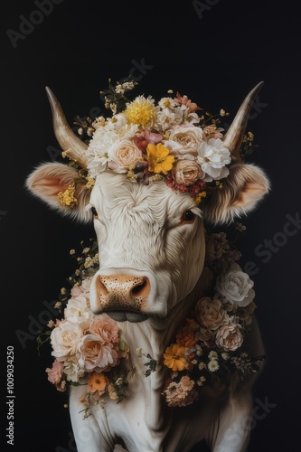 scottish highlander cow in an explosion of flowers christmas style artwork photo