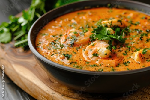 A bowl of vatap, a creamy dish made with bread, shrimp, coconut milk, and ground peanuts, garnished with cilantro