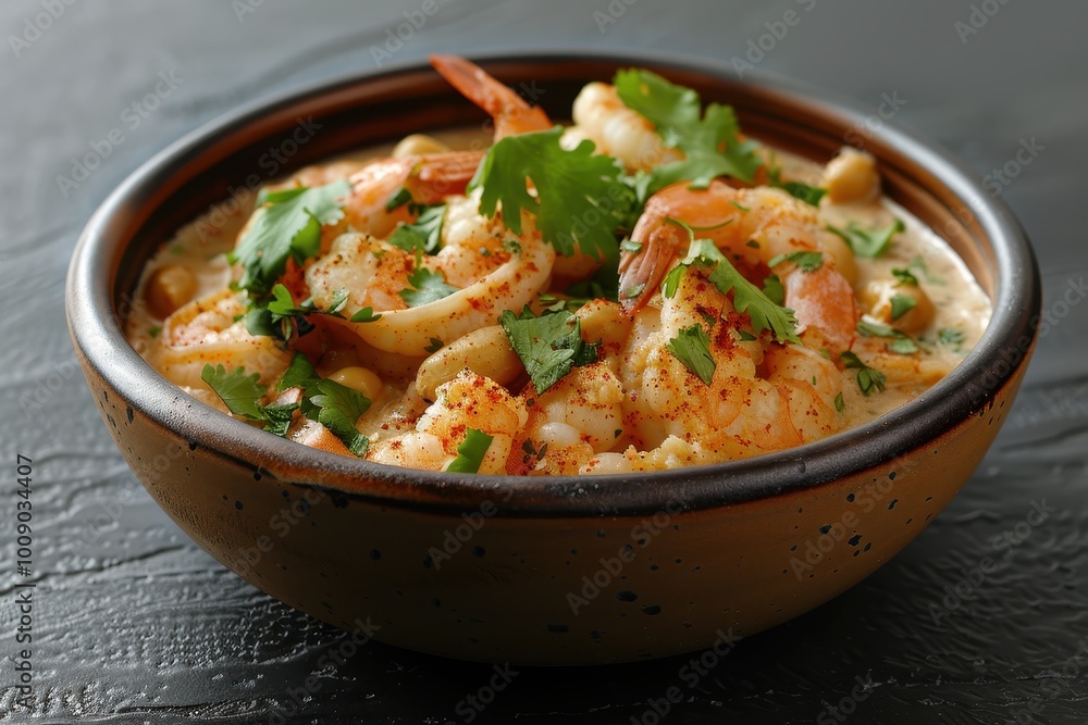 A bowl of vatap, a creamy dish made with bread, shrimp, coconut milk, and ground peanuts, garnished with cilantro A bowl of vatap, a creamy dish made with bread, shrimp, coconut milk, and ground peanuts, garnished with cilantro