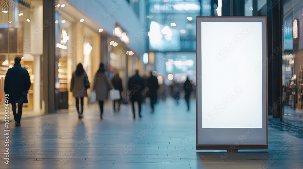 A blank advertising display stand in a busy shopping mall, surrounded by shoppers engaging in retail activities. A blank advertising display stand in a busy shopping mall, surrounded by shoppers engaging in retail activities.