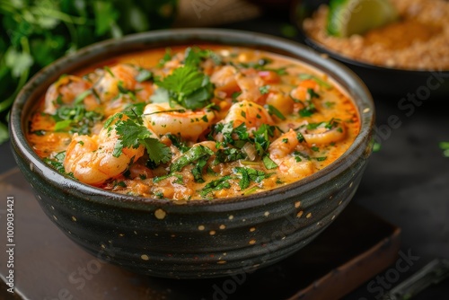 A bowl of vatap, a creamy dish made with bread, shrimp, coconut milk, and ground peanuts, garnished with cilantro