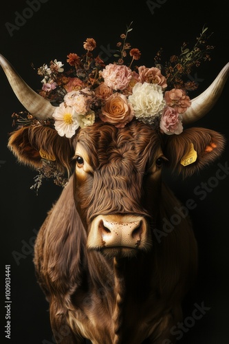 scottish highlander cow in an explosion of flowers christmas style artwork photo