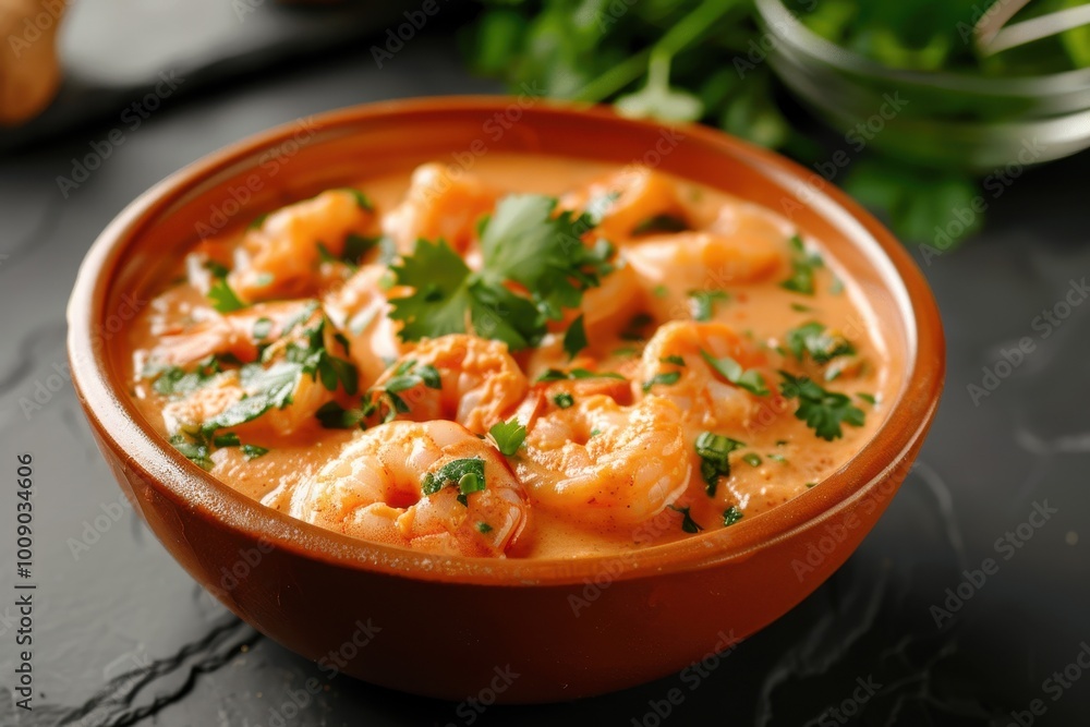 A bowl of vatap, a creamy dish made with bread, shrimp, coconut milk, and ground peanuts, garnished with cilantro A bowl of vatap, a creamy dish made with bread, shrimp, coconut milk, and ground peanuts, garnished with cilantro