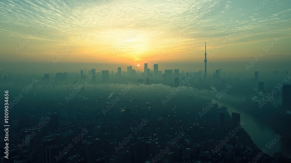 Obraz premium A breathtaking city skyline at sunset, showcasing silhouettes against a vibrant sky, perfect for travel and urban themes.