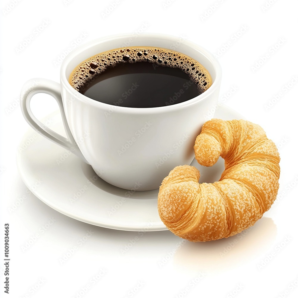 A cup of black coffee beside a flaky croissant on a saucer. A cup of black coffee beside a flaky croissant on a saucer.