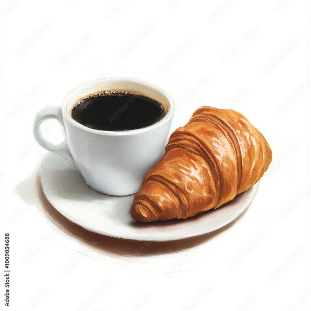 A cup of black coffee paired with a buttery croissant on a plate. A cup of black coffee paired with a buttery croissant on a plate.