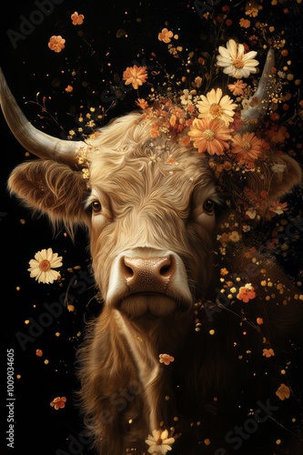 scottish highlander cow in an explosion of flowers christmas style artwork photo