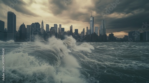 Stormy Sea Surging Towards City Skyline