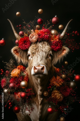 scottish highlander cow in an explosion of flowers christmas style artwork photo