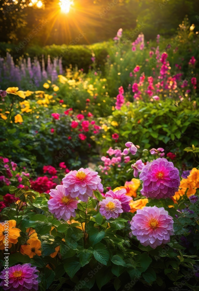 Obraz premium vibrant close ups seasonal garden blooms lush foliage highlighting beauty flora, flowers, petals, leaves, plants, nature, color, texture, bright, greens