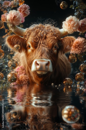 scottish highlander cow in an explosion of flowers christmas style artwork photo