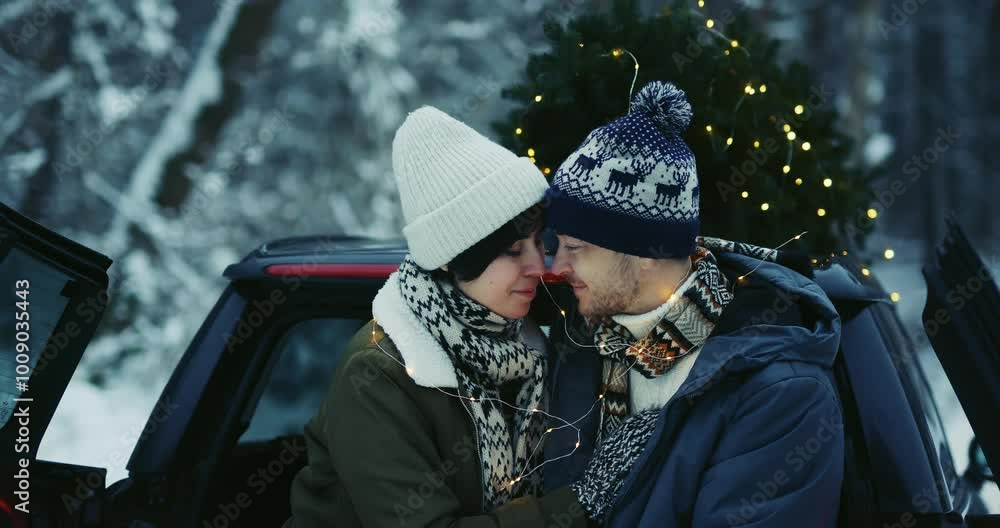 A couple poses in the trunk of their car with a Christmas tree on the roof in a winter forest.
A couple poses in the trunk of their car with a Christmas tree on the roof in a winter forest.