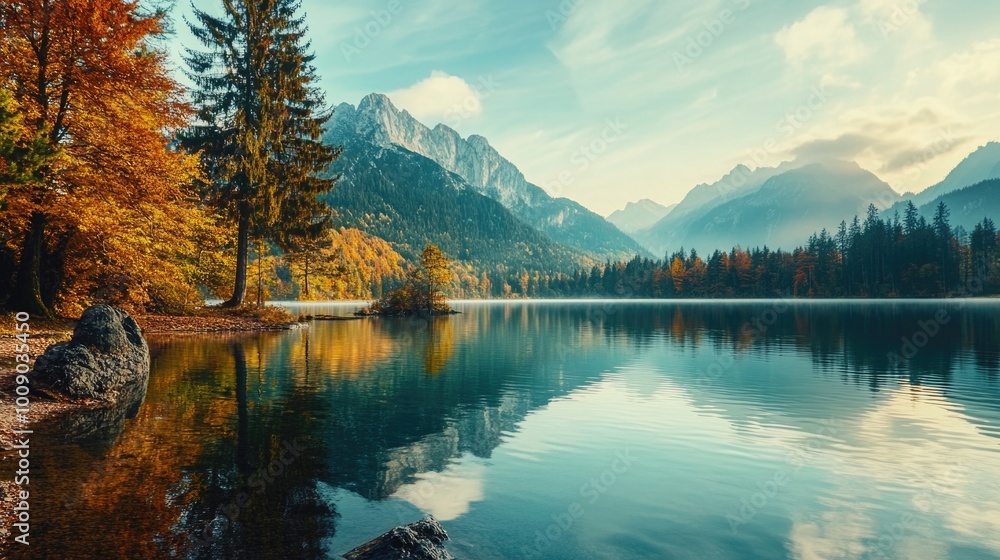 Fototapeta premium Lakeside landscape with mountainous surroundings