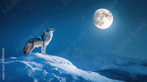 Wallpaper Mural Lone Wolf Howling at Full Moon on Snowy Mountain under Starry Night Sky Torontodigital.ca