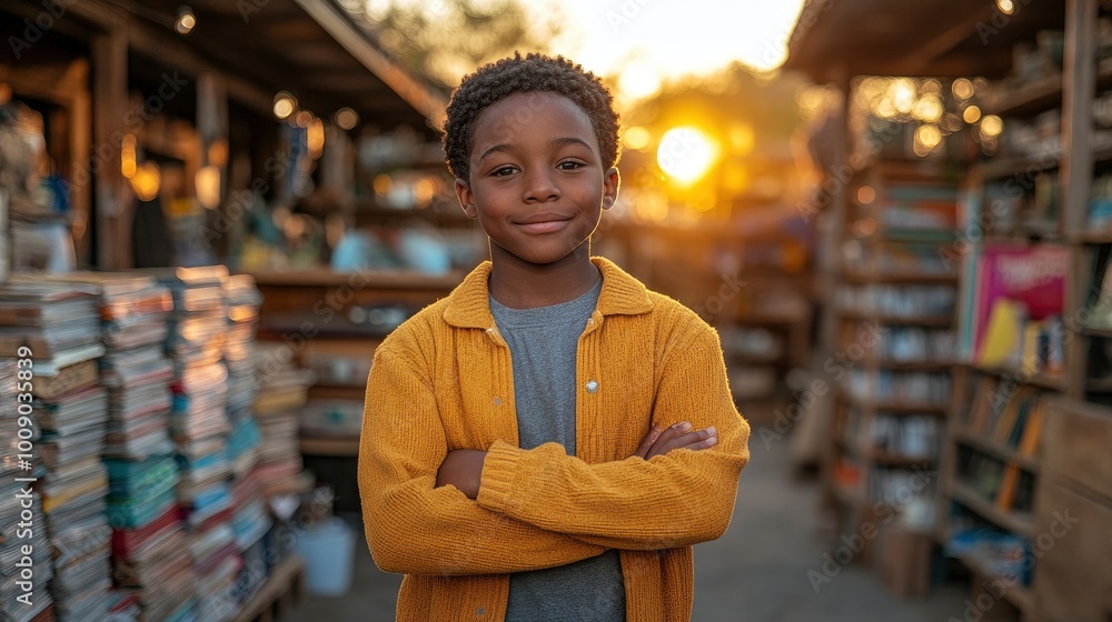 Fototapeta premium Confident Young Boy Standing in Front of a Bookstore