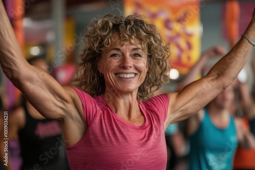 A senior woman energetically participates in a lively exercise class in the gym, her broad smile reflecting the joy and enthusiasm of the positive environment.